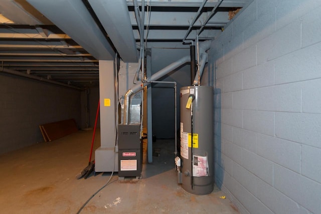 utility room featuring gas water heater and heating unit