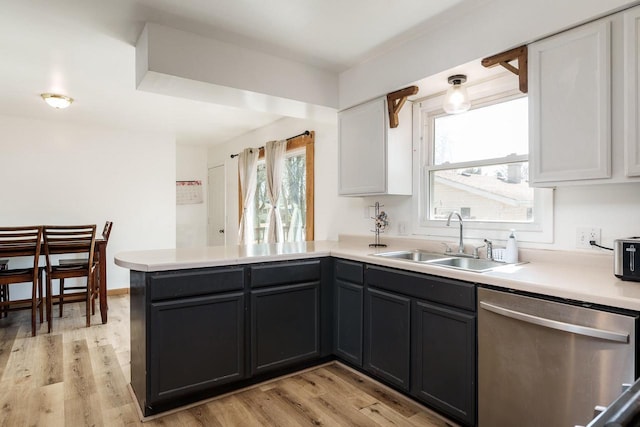 kitchen featuring stainless steel dishwasher, a peninsula, white cabinets, and a sink