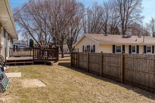 view of yard featuring a deck and fence