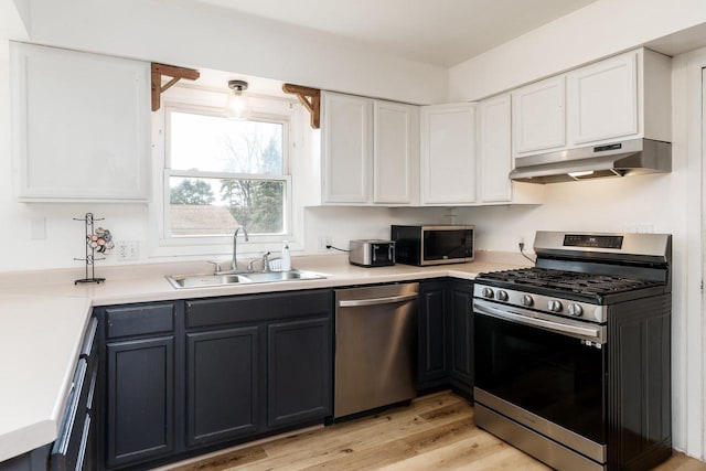 kitchen with under cabinet range hood, stainless steel appliances, light wood-style floors, white cabinetry, and a sink