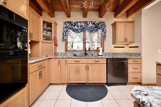 kitchen with black appliances, light tile patterned flooring, wooden ceiling, and a sink