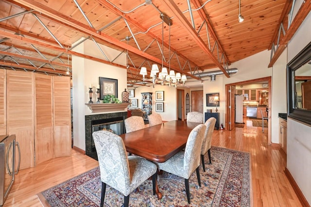 dining space with a glass covered fireplace, wood ceiling, light wood-style floors, and baseboards