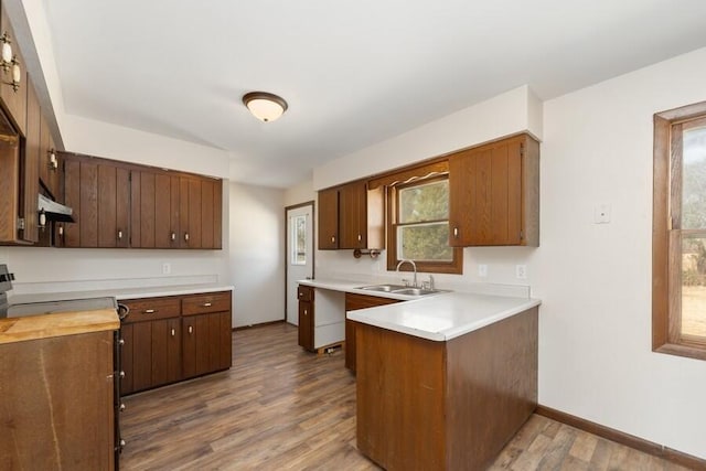 kitchen with a sink, wood finished floors, a peninsula, light countertops, and baseboards