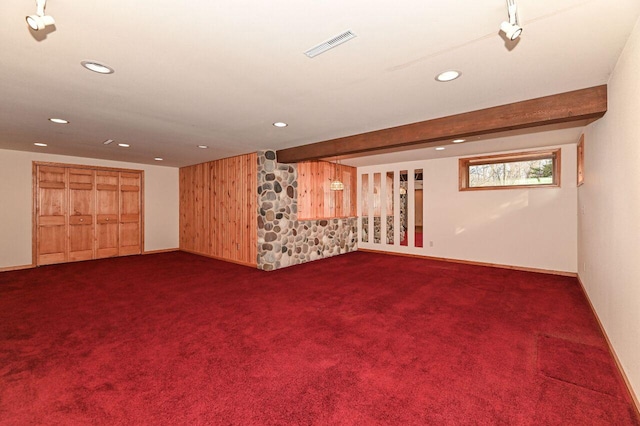 basement with visible vents, recessed lighting, baseboards, and dark colored carpet