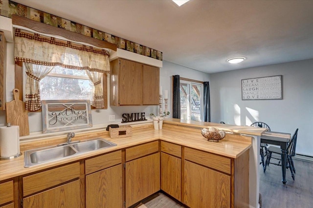 kitchen with a peninsula, light wood-style flooring, and a sink