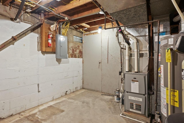 unfinished basement featuring gas water heater and electric panel