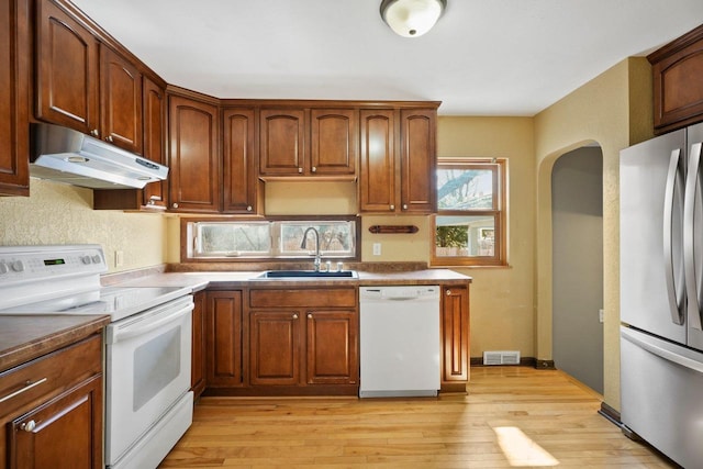 kitchen with white appliances, light wood-style floors, under cabinet range hood, and a sink