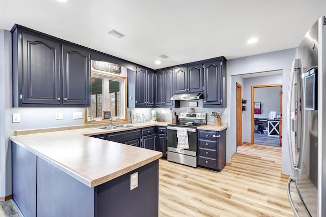 kitchen featuring light wood finished floors, a peninsula, a sink, electric stove, and under cabinet range hood