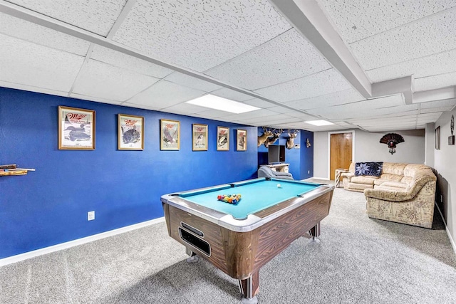 game room featuring a drop ceiling, baseboards, billiards, and carpet