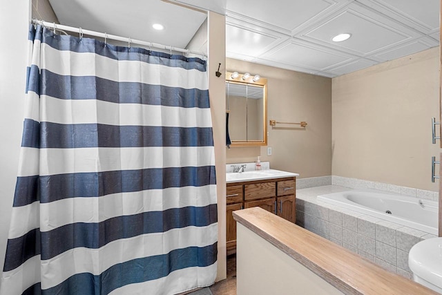 bathroom with recessed lighting, vanity, a shower with shower curtain, and tiled tub