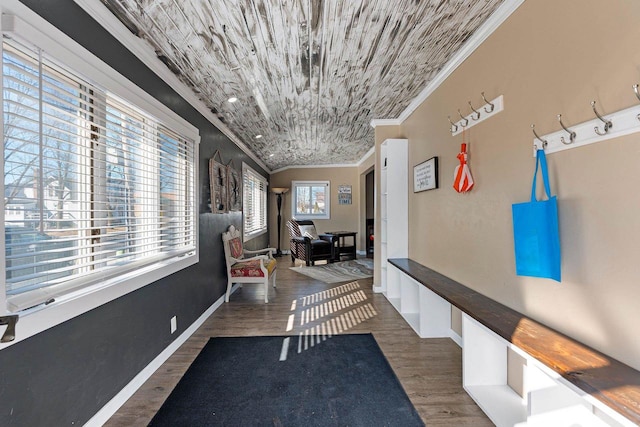 hallway featuring wood finished floors and ornamental molding