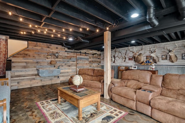 living room with unfinished concrete floors