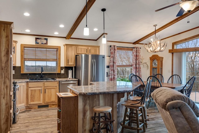 kitchen featuring a wealth of natural light, ceiling fan with notable chandelier, stainless steel appliances, and a sink