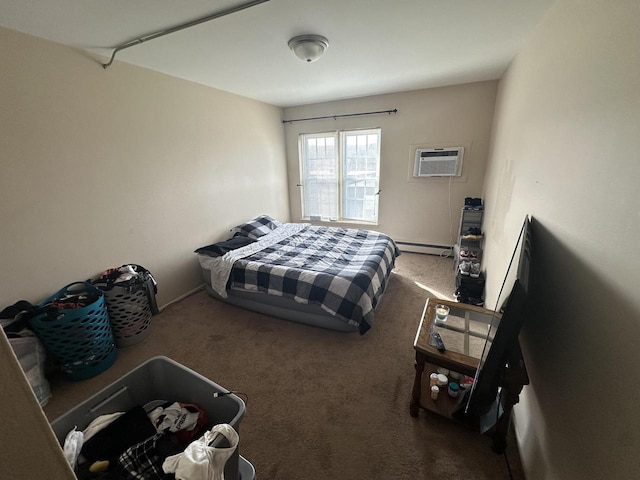 bedroom with carpet floors, baseboard heating, and a wall unit AC