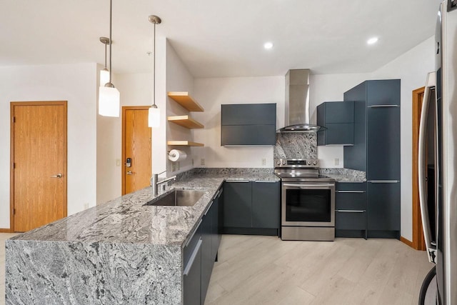 kitchen with open shelves, stainless steel electric stove, a sink, wall chimney exhaust hood, and modern cabinets