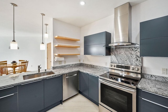 kitchen with a sink, wall chimney range hood, light stone counters, stainless steel appliances, and open shelves