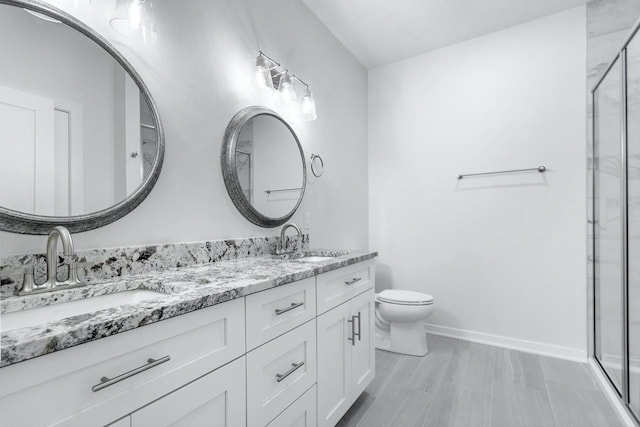 full bathroom featuring a sink, toilet, double vanity, and a shower stall