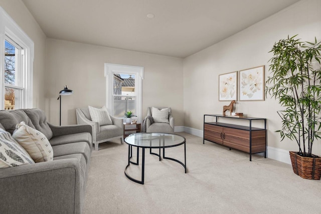 living area featuring carpet flooring and baseboards