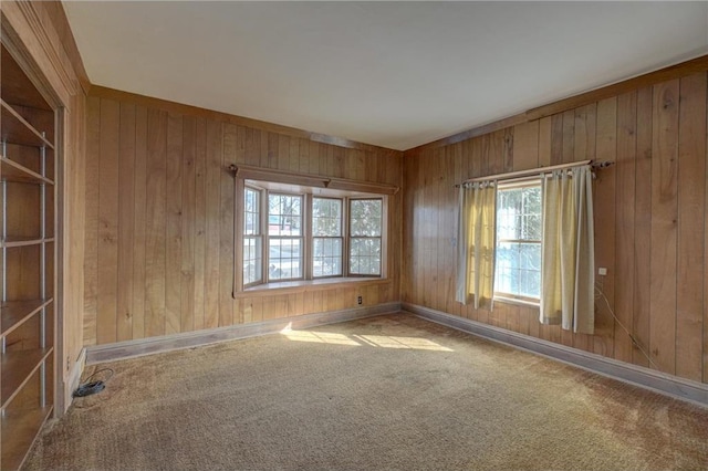 spare room featuring baseboards, carpet, and wood walls