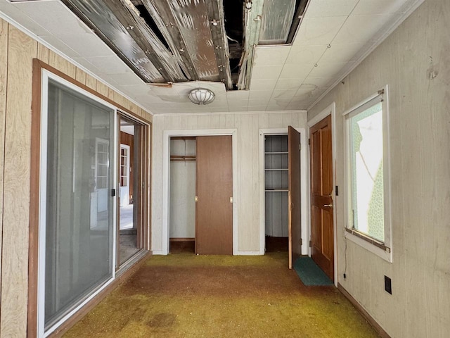 unfurnished bedroom featuring wooden walls and two closets