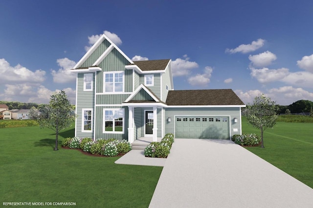 view of front of house featuring a front yard, driveway, an attached garage, a shingled roof, and board and batten siding