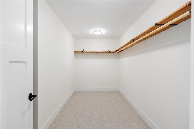 walk in closet featuring light colored carpet