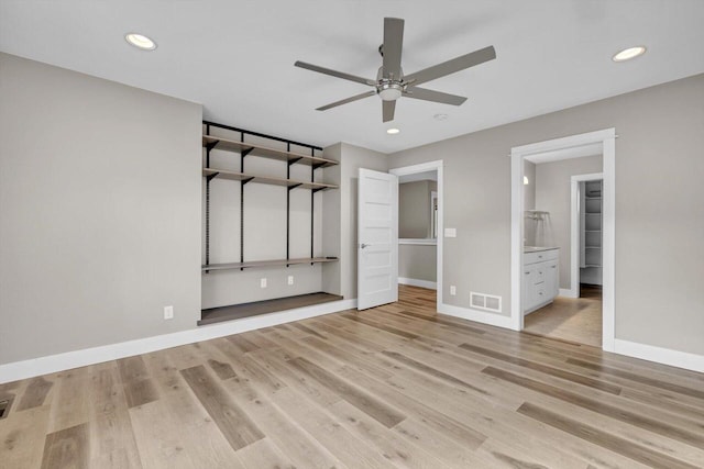 unfurnished bedroom with recessed lighting, visible vents, baseboards, and light wood-style floors