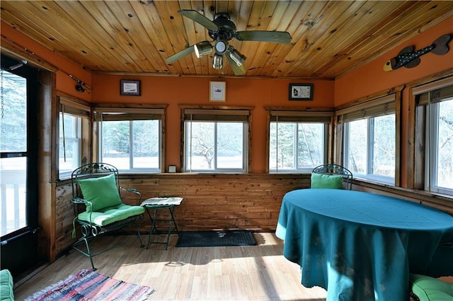 sunroom / solarium featuring wood ceiling, ceiling fan, and a healthy amount of sunlight