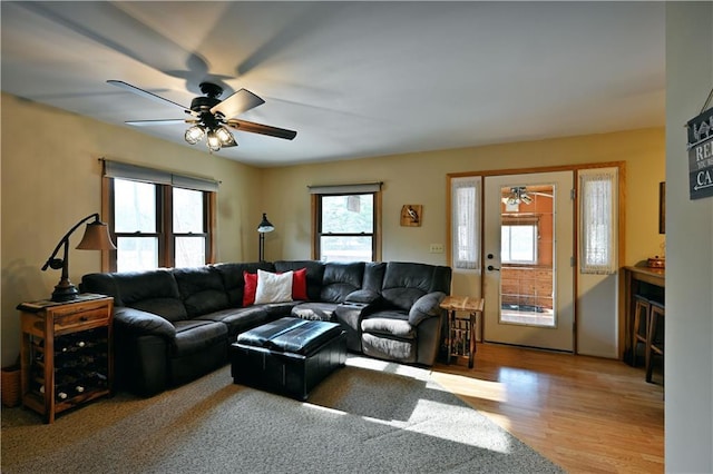 living room with wood finished floors, a healthy amount of sunlight, and ceiling fan