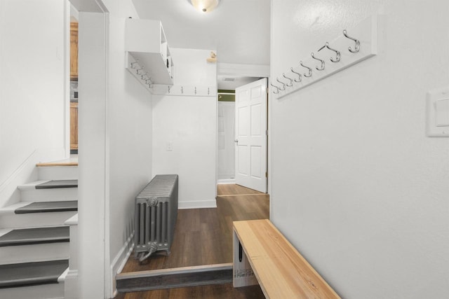 mudroom with radiator, wood finished floors, and baseboards