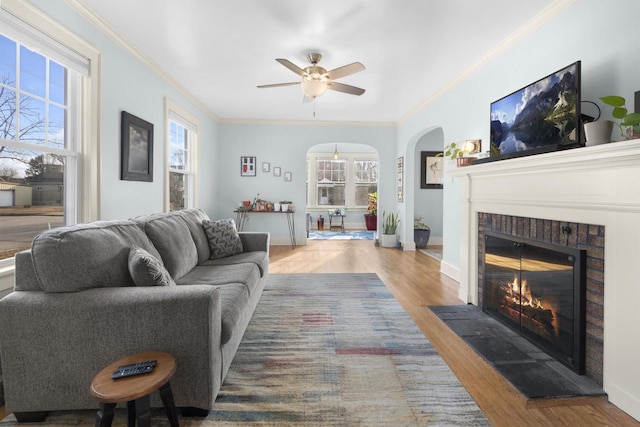 living area with a healthy amount of sunlight, a fireplace, and wood finished floors