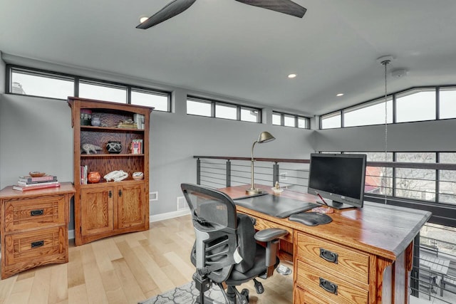 home office with lofted ceiling, a ceiling fan, recessed lighting, light wood finished floors, and baseboards