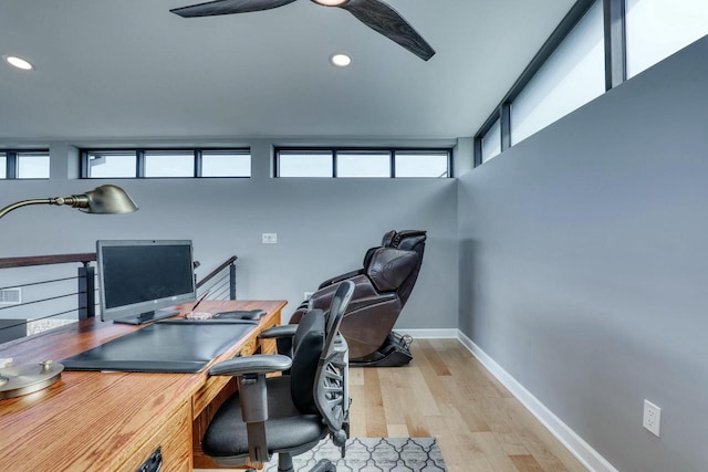 office area with recessed lighting, light wood-style floors, baseboards, and ceiling fan