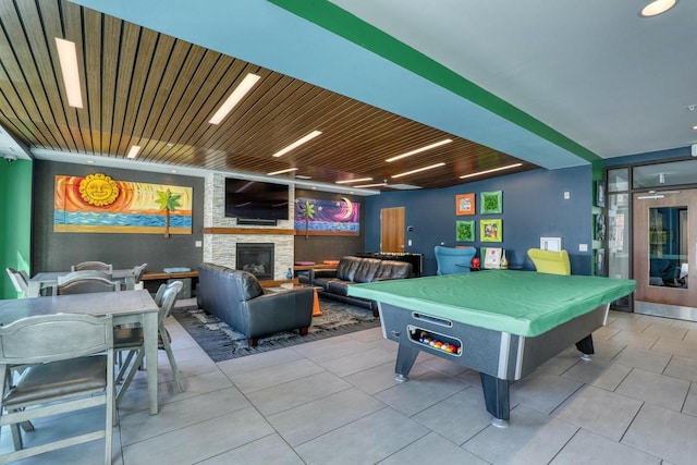 game room featuring billiards, wood ceiling, and tile patterned floors