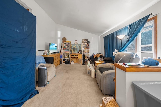 carpeted living room with lofted ceiling