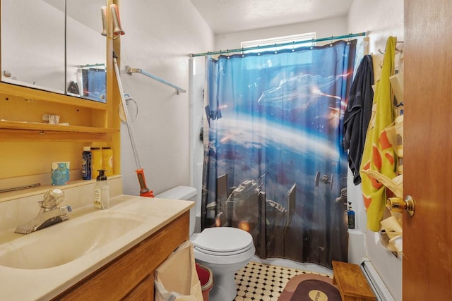 full bath with a shower with curtain, vanity, and toilet