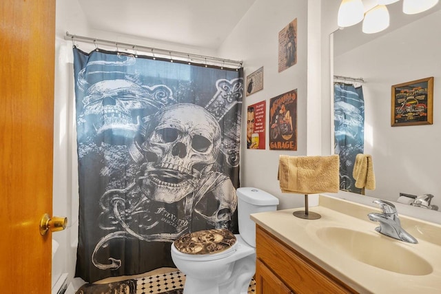 bathroom featuring baseboard heating, toilet, vanity, and a shower with curtain