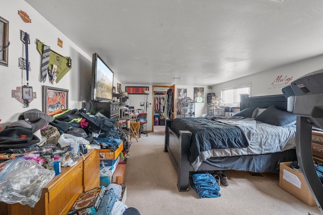 bedroom with light colored carpet