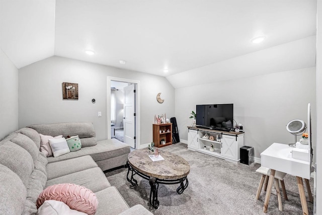 living room with baseboards, carpet, and lofted ceiling