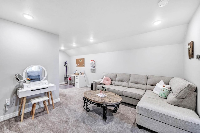 living room with carpet flooring, recessed lighting, baseboards, and lofted ceiling