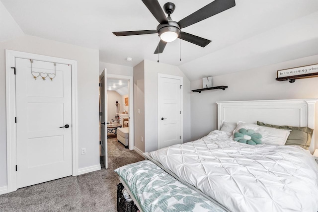 bedroom with lofted ceiling, baseboards, carpet floors, and ceiling fan