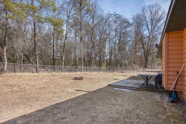 view of yard featuring a fenced backyard and a wooden deck