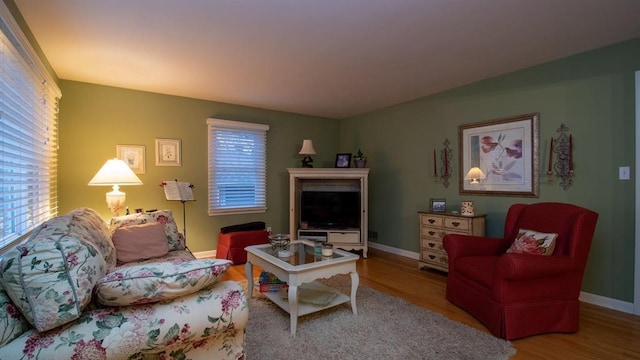 living room with baseboards and wood finished floors