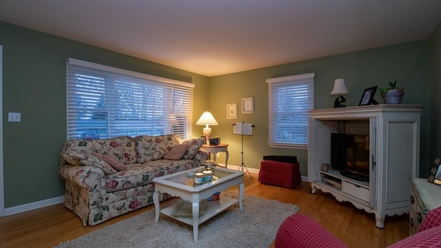 living area with wood finished floors and baseboards