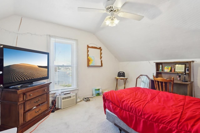 carpeted bedroom with lofted ceiling, ceiling fan, and a wall mounted AC