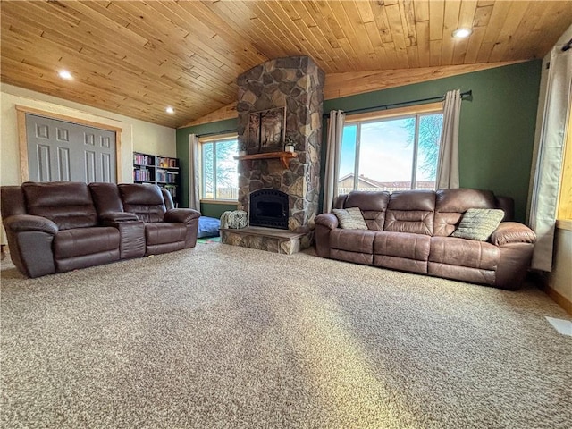 living area with a stone fireplace, wood ceiling, lofted ceiling, and carpet floors