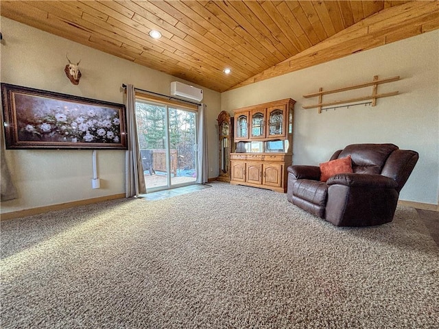 living area featuring carpet, baseboards, vaulted ceiling, wood ceiling, and a wall mounted air conditioner