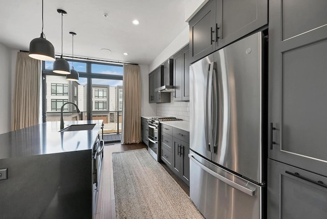 kitchen with a sink, tasteful backsplash, dark wood-style floors, appliances with stainless steel finishes, and a wall of windows