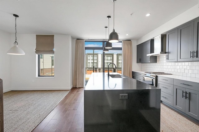 kitchen with decorative backsplash, gray cabinets, stainless steel range, wall chimney exhaust hood, and a sink