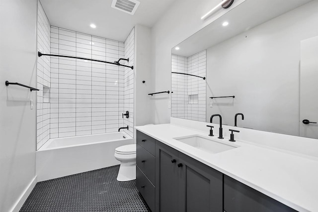 full bathroom with visible vents, toilet, recessed lighting, shower / bath combination, and vanity